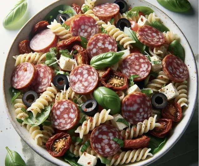 Genoa Salami Pasta Salad with Sun-Dried Tomatoes and Olives